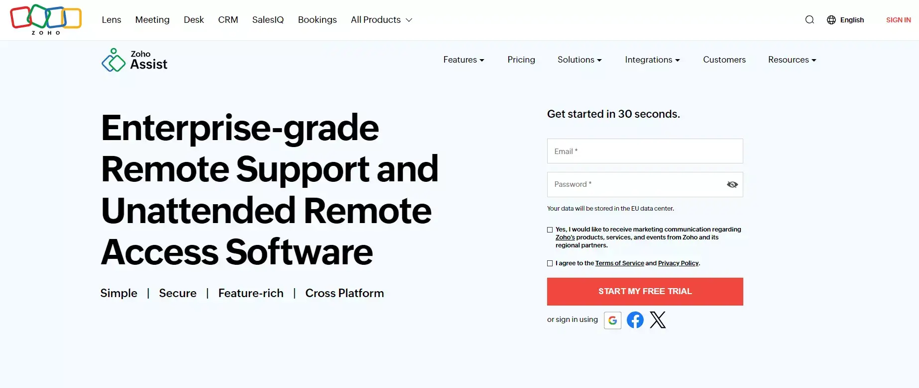 Zoho Assist -kotisivu - kestävä etäpalvelun hallintaohjelmisto