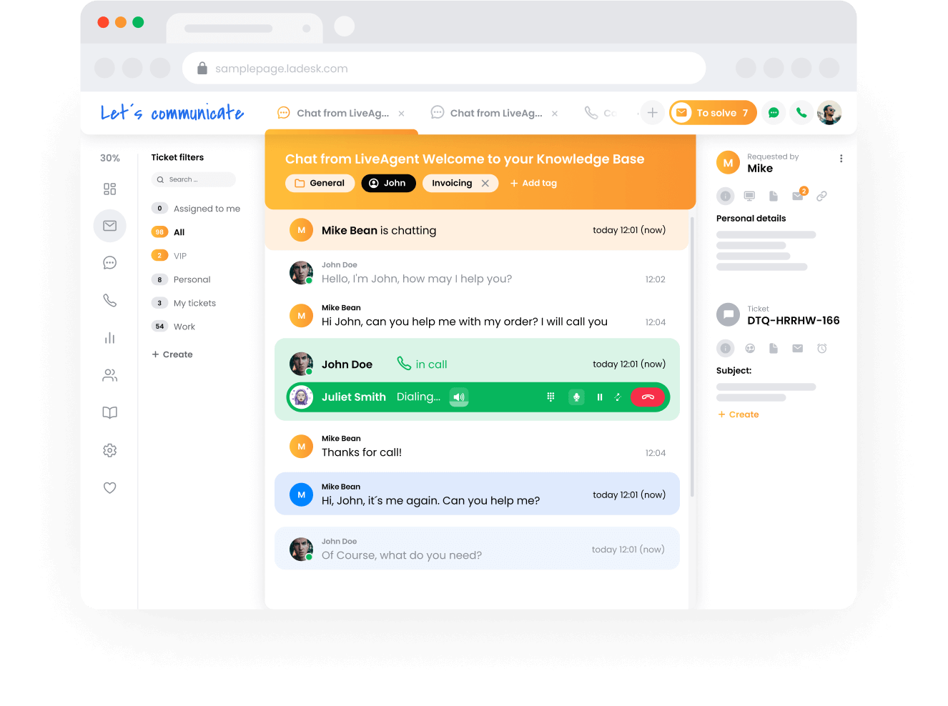 LiveAgentin lipunhallintajärjestelmä - tukitiimin näkymä