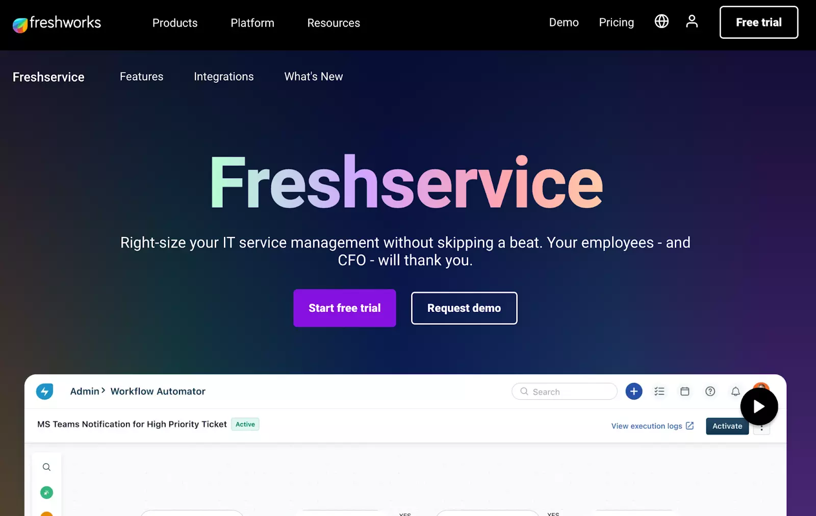 Freshservice IT-tikettijärjestelmän kotisivu