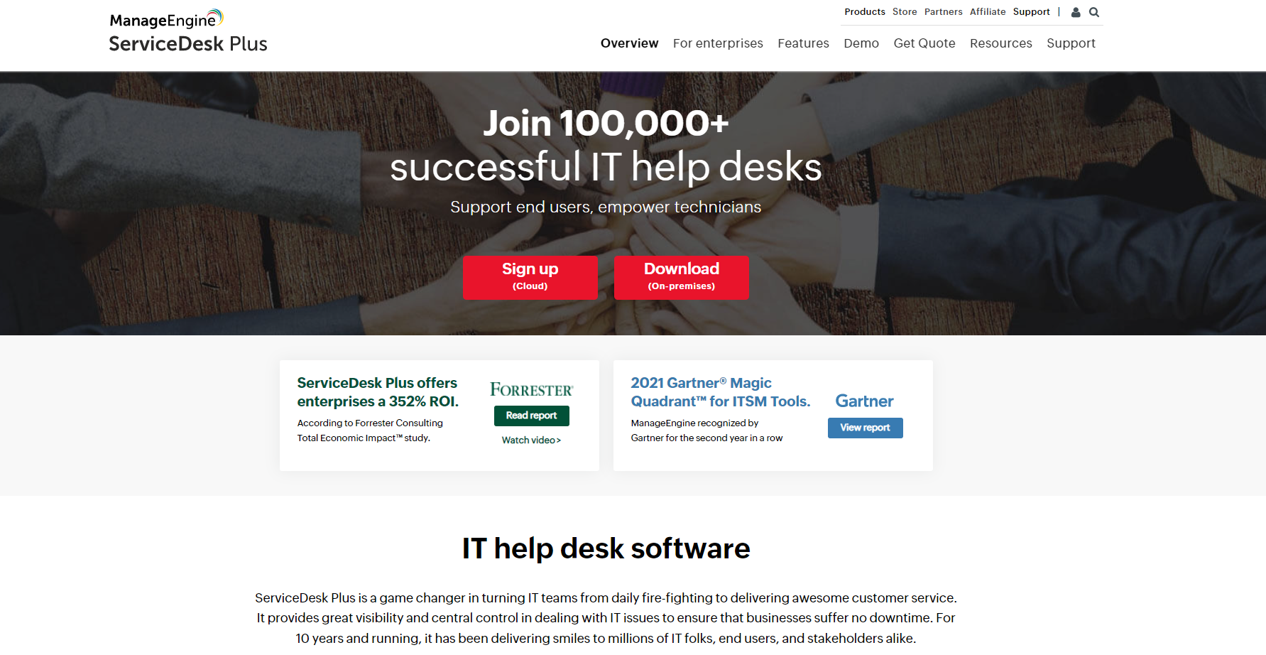 ManageEngine Service Desk Plus IT-tikettiohjelmiston kotisivu