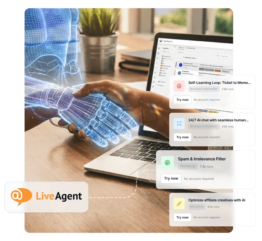 Päivitä LiveAgent-kokeilu ja saa 33 % alennus AI-agenttien kanssa