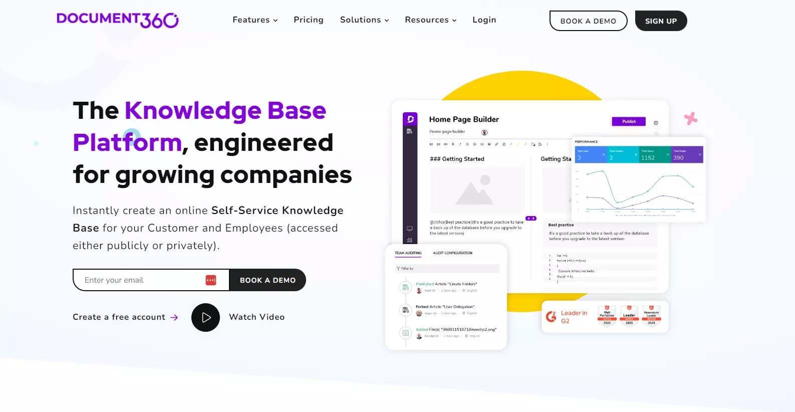 Kuvakaappaus Document360-kotisivusta, joka keskittyy pääominaisuuksiin