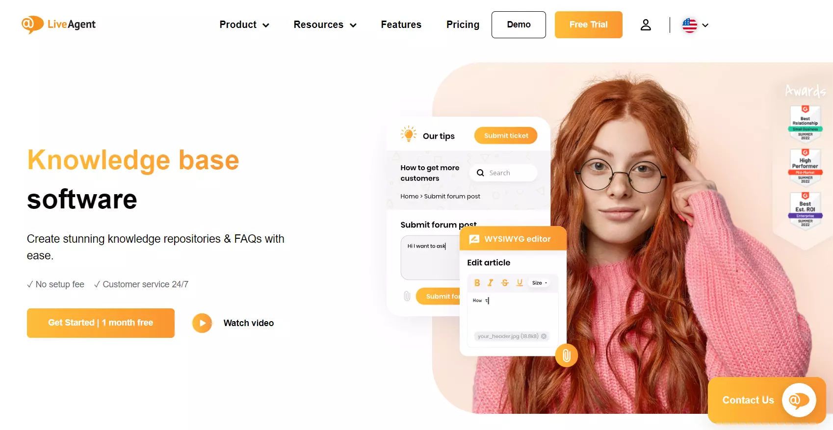 LiveAgentin houkutteleva kotisivu, joka korostaa sen tietokanta-työkalua