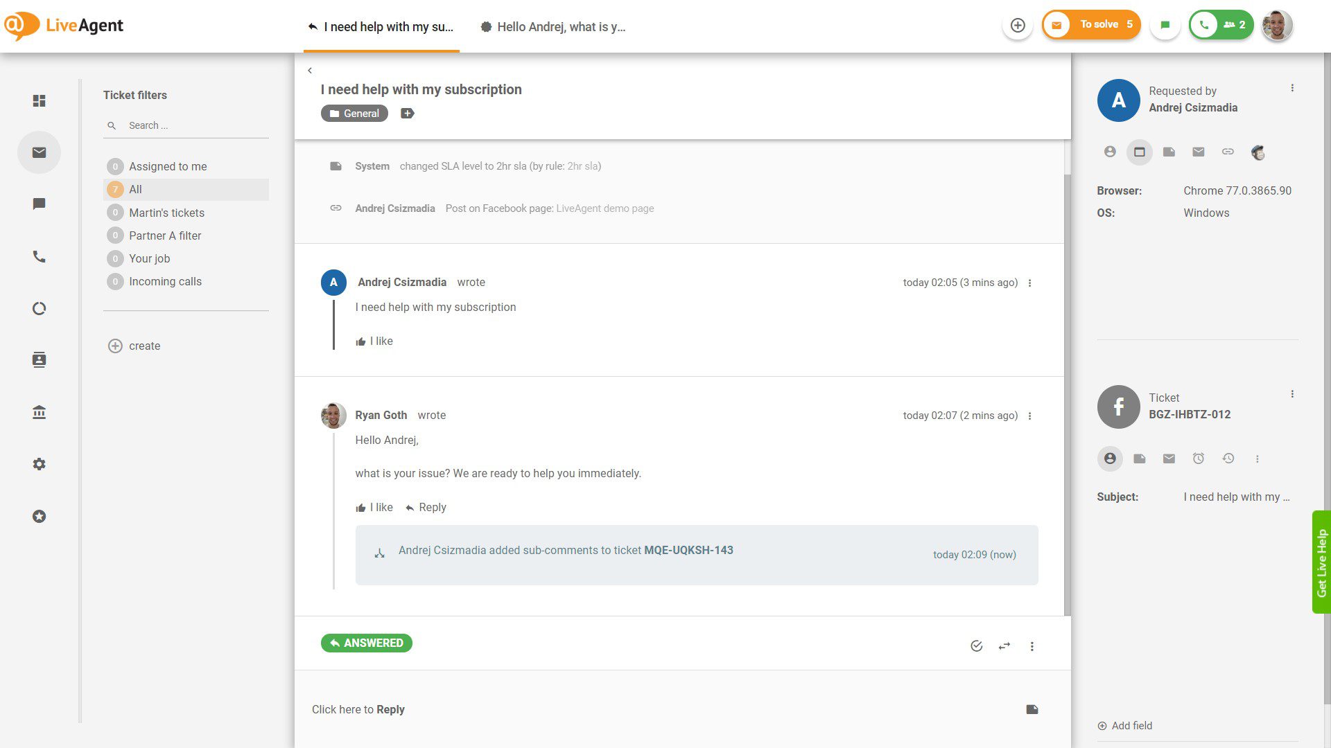 Facebook-kommentti - näkymä LiveAgentissa