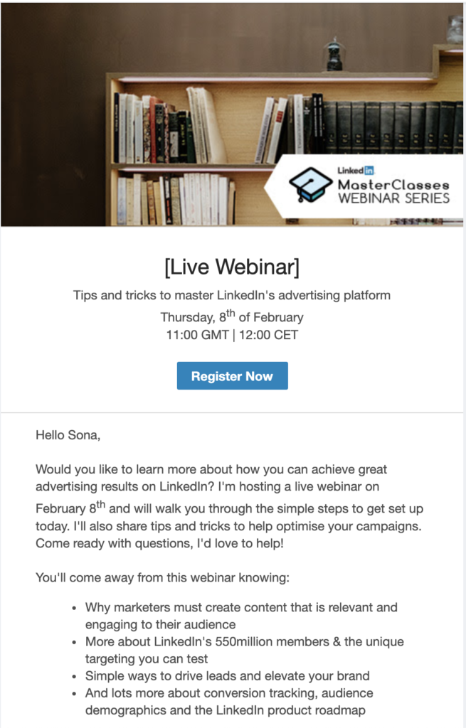 LinkedIn webinaarikatsauksen sähköpostimalli