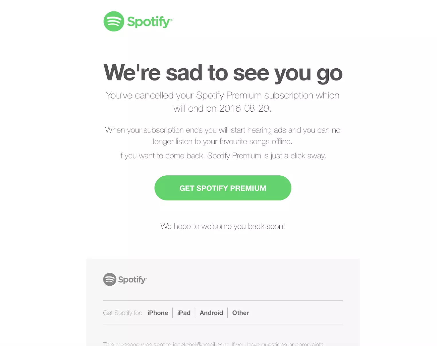 Spotifyn peruutussähköpostin esimerkki