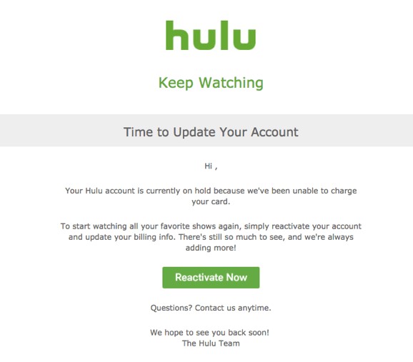 Hulu maksumuistutussähköpostin esimerkki