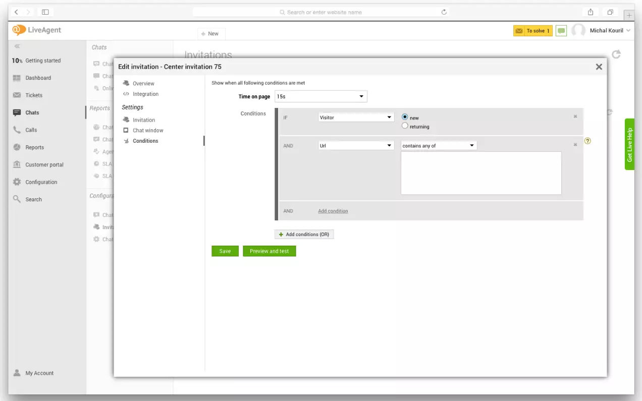 LiveAgent-asetukset, jotka näyttävät, kuinka ennakoivat chat-laukaisut määritetään