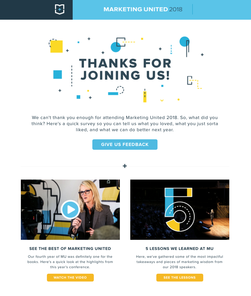 Markkinoinnin yksikkö tapahtuman jälkeisen sähköpostin esimerkki