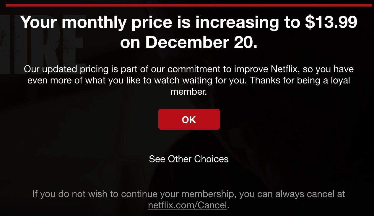 Netflix hinnankorotuksen sähköpostimalli