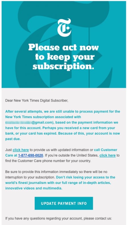 New York Times maksumuistutussähköpostin esimerkki