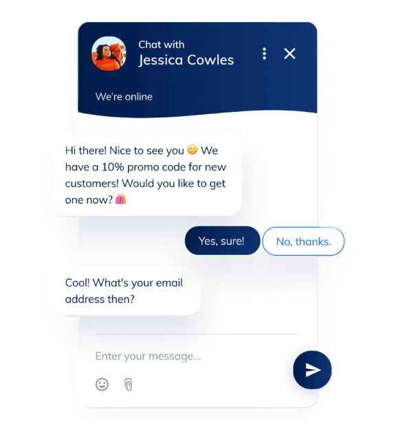 Live chat -liittymä, joka tarjoaa promokoodia ja pyytää käyttäjän sähköpostia