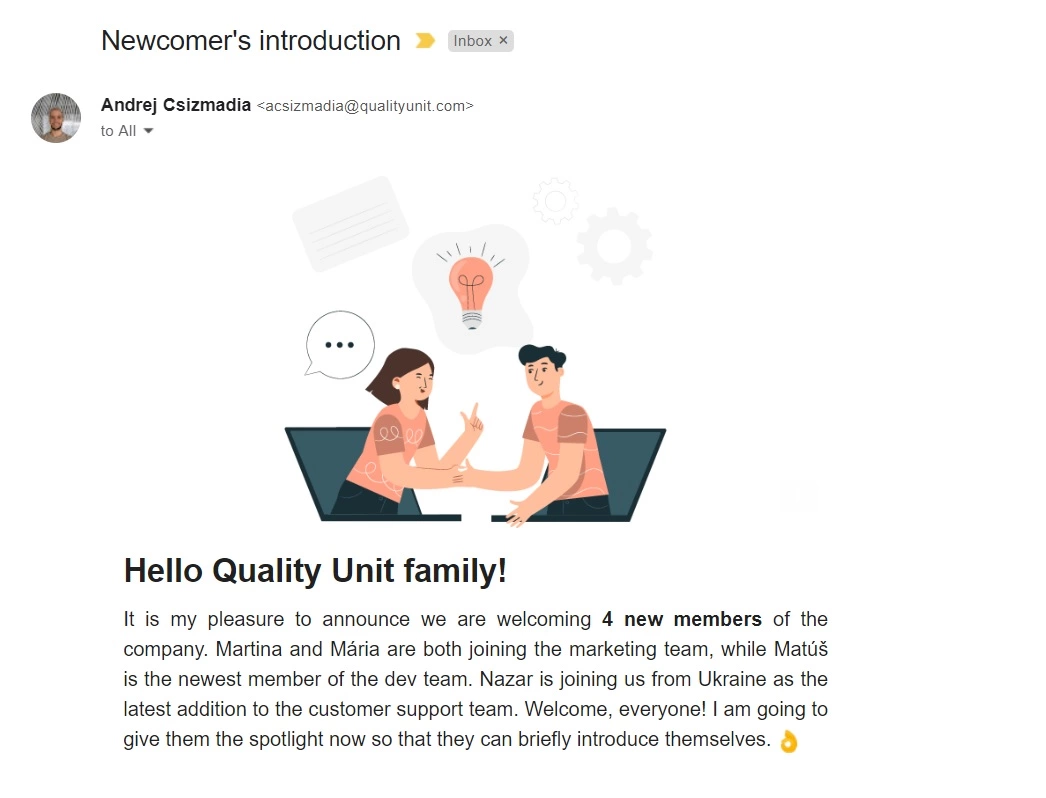 Quality Unit uuden työntekijän esittelysähköposti