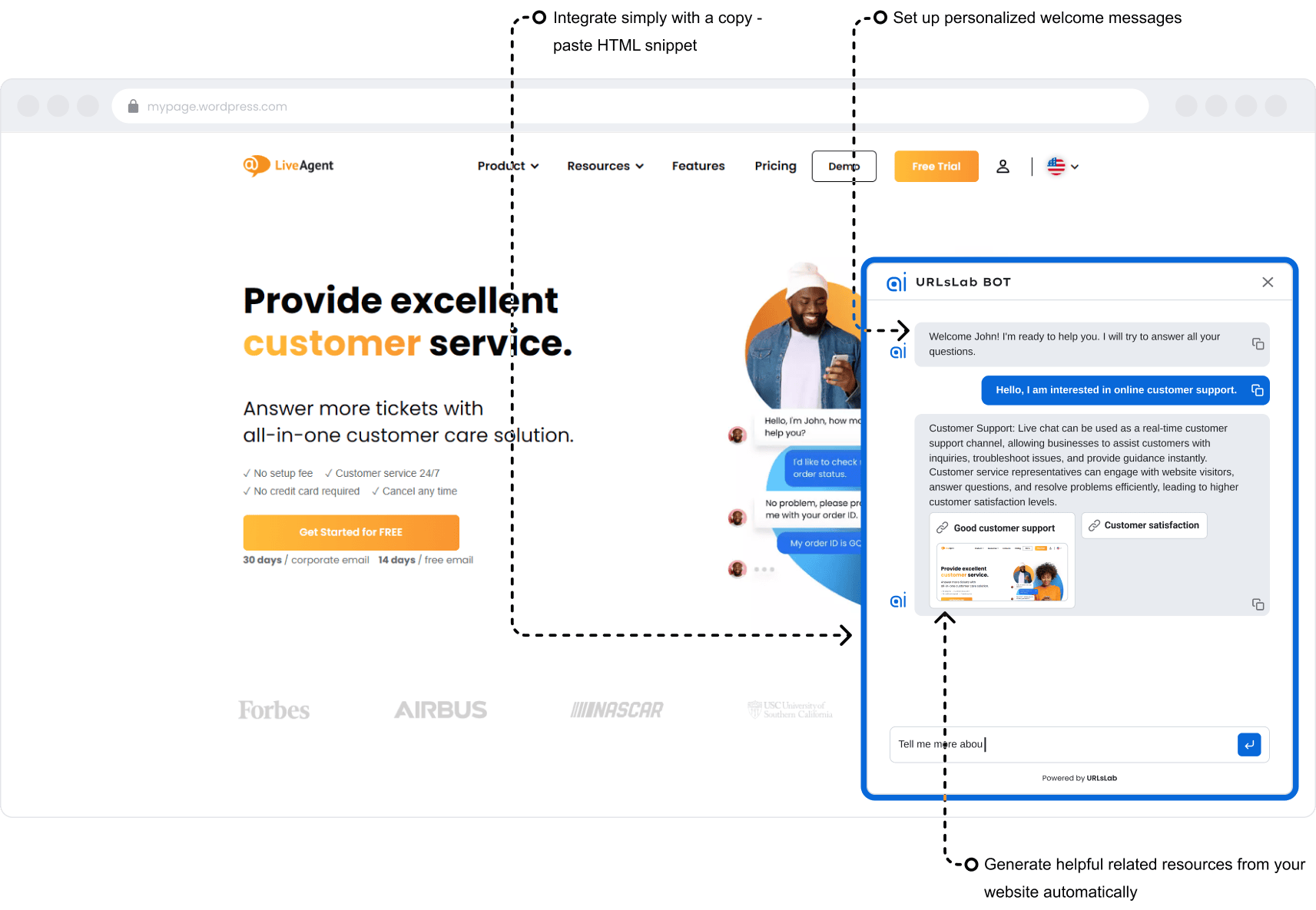 URLsLab tekoäly chatbot mockup
