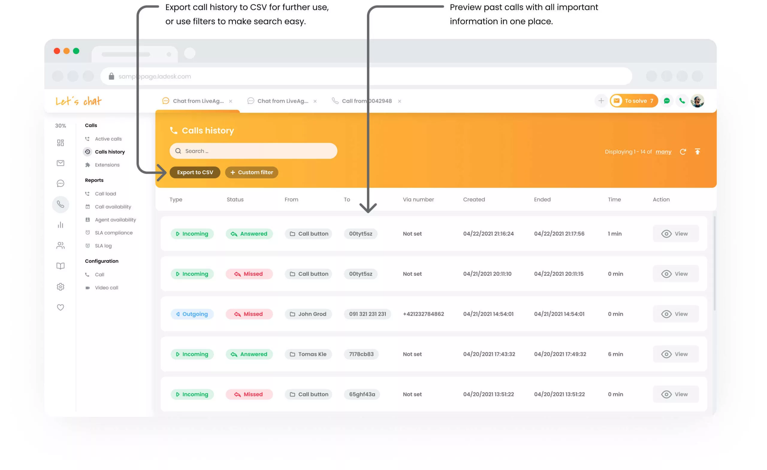 LiveAgentin puheluhistoria