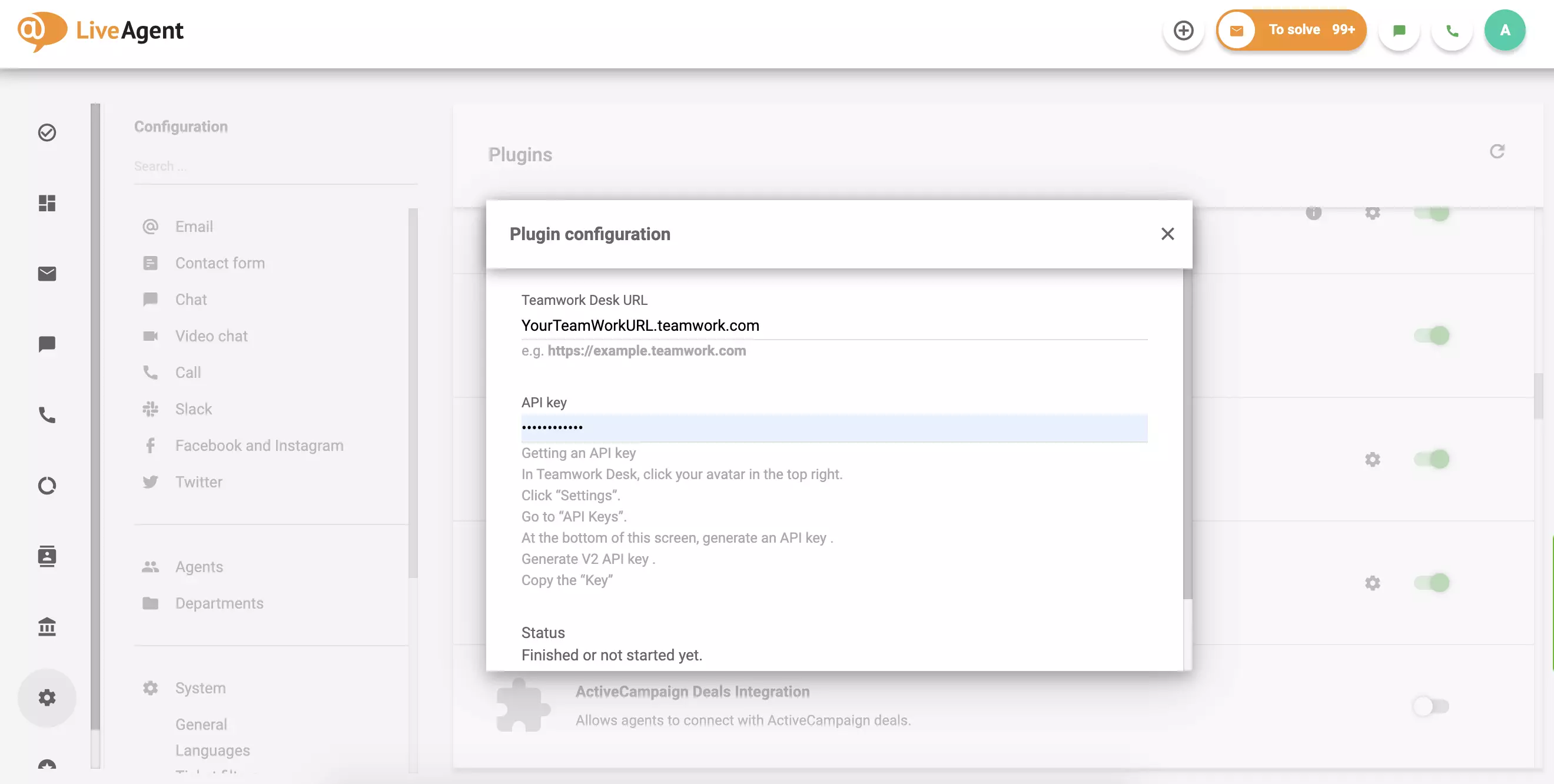 Täytä Teamwork Desk -URL ja API, sitten tallenna.