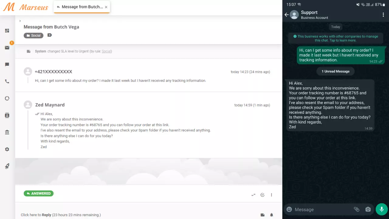 WhatsApp-viesti tikettinä LiveAgentissa